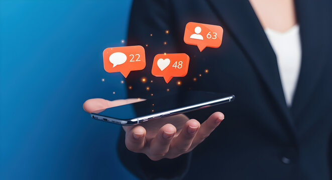 Close Up of a Hand Holding Phone with 3D Social Media Icons Against Dark Jacket in Studio Lighting