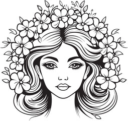 Feminine Face with Flower Accents Vector Black Design Woman Face with Artistic Floral Elements Vector Black Icon