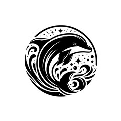 Stylized black and white dolphin jumping through waves and stars