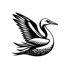 Black and white illustration of a bird in flight, isolated on white background