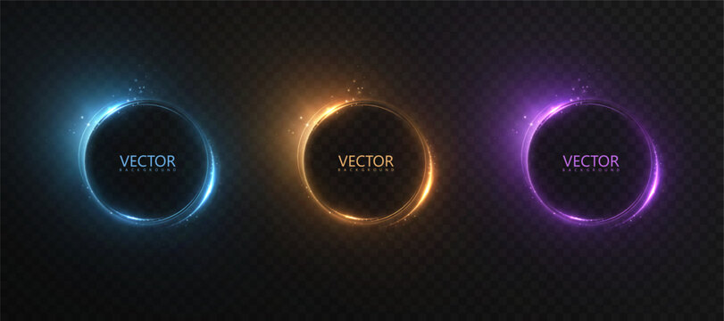 Set of glowing round frames in blue, gold and purple colors with shimmering dust and glitter particles. Vector light element for design on dark background.