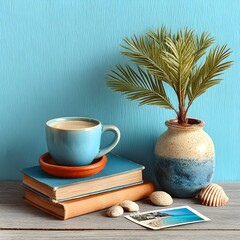 a cup of coffee sitting on top of a stack of books