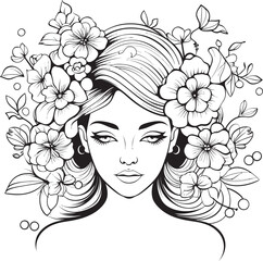 Black Vector Icon of Woman Face with Floral Accents Woman Face with Flower Adornments Vector Black Design