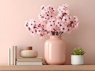 a pink vase filled with pink flowers on a wooden s