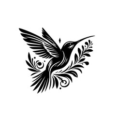 Fototapeta premium Black silhouette of a hummingbird in flight with floral elements isolated on white background