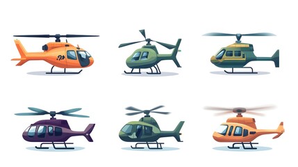 Digital illustration showcases three cartoon-style helicopters in orange, green, and black, depicted in a simple,...