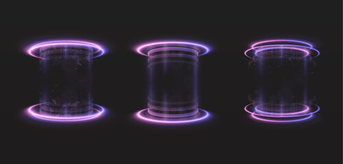 Vibrant cylindrical holographic portals with neon pink and purple glow, transparent structures and vertical light effects. Teleportation columns in sci-fi style with particles and smooth gradients.