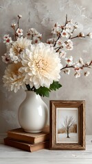 a vase filled with white flowers next to a picture