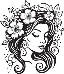 Feminine Face with Petal Elements Vector Black Icon Woman Face with Decorative Floral Touch Vector Black Logo