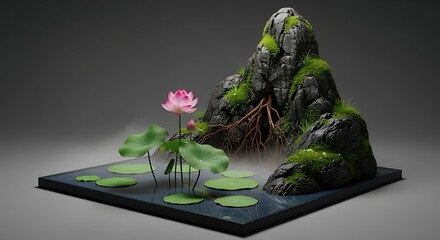 Miniature Zen Garden with Lotus Flowers, Rocks, and Water in a Tranquil Setting