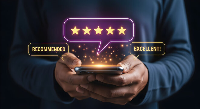 Close Up of Hands Holding Smartphone Displaying Glowing Five Star Rating for Customer Satisfaction and Feedback on Dark Background - Powered by Adobe
