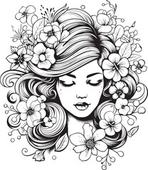 Woman Face with Petal Surroundings Vector Black Logo Feminine Portrait with Blossoming Accents Vector Black Design