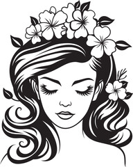 Woman Face with Floral Adornments Vector Black Design Artistic Feminine Portrait with Flower Accents Vector Logo