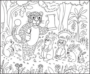 Teacher leopard teaching students animal in jungle natural background black line art vector illustration for children coloring page or book design