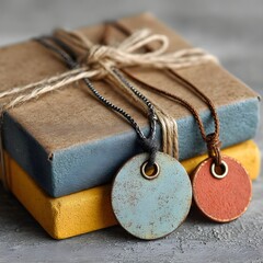 three different colored wooden tags tied together