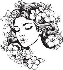 Feminine Portrait with Flowered Adornments Vector Black Icon Woman Face with Artistic Petals Vector Black Design Logo
