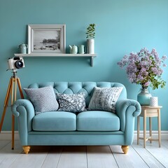 a living room with a blue couch and a vase of flow