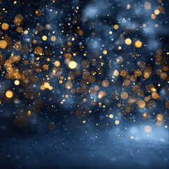 Fototapeta premium Elegant dark blue holiday background with bokeh golden lights and falling snowflakes, blurred depth of field