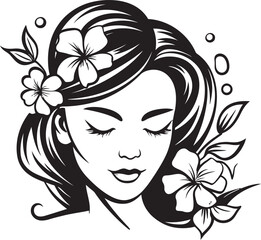 Black Vector Emblem of Woman Face and Flower Border Artistic Feminine Portrait with Flower Decor Vector Black Logo