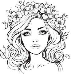 Woman Face with Floral Surroundings Vector Black Icon Black Design Logo of Woman Face and Petal Adornments