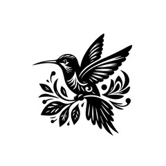 Obraz premium Black hummingbird with ornate floral design isolated on white background