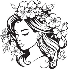 Black Vector Logo Featuring Woman Face and Petal Trim Woman Face Surrounded by Blossoming Flowers Vector Black Icon