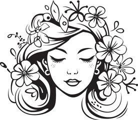 Feminine Face with Artistic Flower Frame Vector Black Design Woman Face and Floral Motif Vector Black Logo Icon