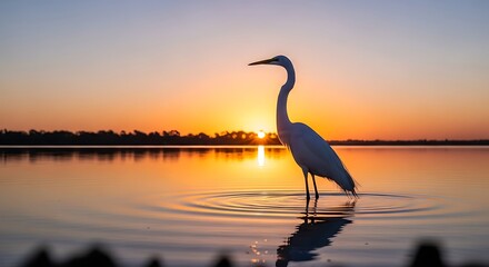 Obraz premium Golden hour silhouette of a graceful egret in a tranquil marsh