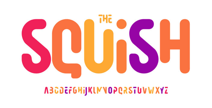 Naklejki Playful color alphabet, bold rounded high futuristic font, colorful cartoon geometric typeface for kid game headline, squishy typographic design, modern educational typography. Vector typeset.