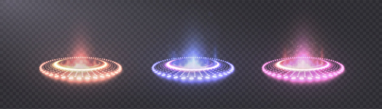 Bright light portals with neon glow in a circle and bright circular illumination effects, isolated on a transparent background. Used for sci-fi design, interfaces and teleportation effects.