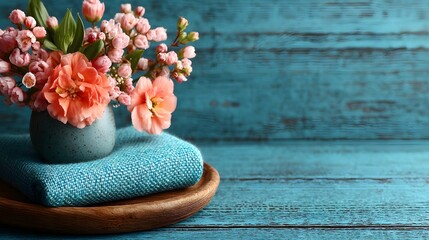 a blue vase with pink flowers in it