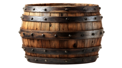 Old oak wooden barrel with metal rings, isolated on white