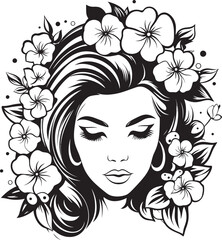 Woman’s Face with Floral Frame Vector Black Art Logo Graceful Lady Face with Flower Accents Vector Black Icon
