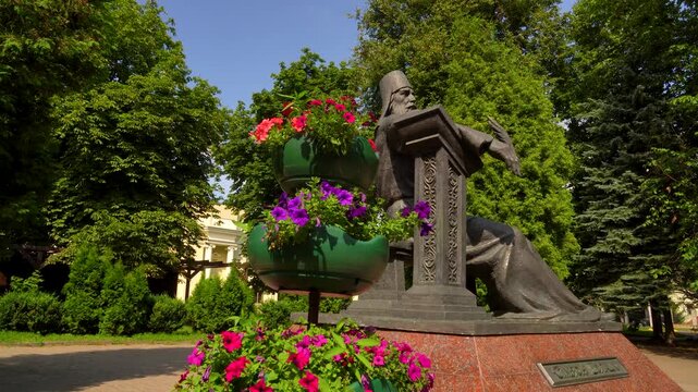 Sculpture of Simeon Polotsky side orbit view in city of Polotsk