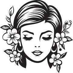 Woman’s Face Surrounded by Artistic Flowers Vector Logo Botanical Highlights on Woman’s Face Black Vector Icon