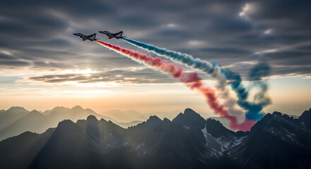 Two fighter jets fly over a mountain range at sunrise or sunset, leaving trails of red, white, and blue smoke behind them