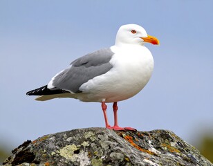Fototapeta premium Close-up of a seagull perched on a rock against a light blue sky