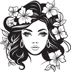 Botanical Accents Surrounding Woman’s Face Black Icon Woman’s Profile with Floral Touches Vector Black Design