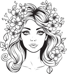Woman’s Face Adorned with Blossoms Black Vector Logo Feminine Face Surrounded by Flowers Vector Black Icon