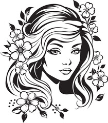 Woman’s Face and Floral Highlights Black Vector Design Artistic Woman with Petal Details Vector Black Logo