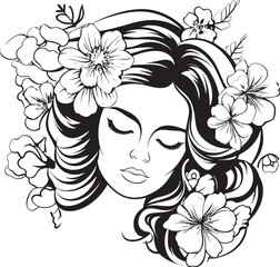 Feminine Face Surrounded by Flowers Vector Black Icon Woman’s Face and Floral Highlights Black Vector Design