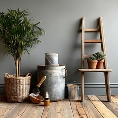 a wooden ladder next to a pot of plants