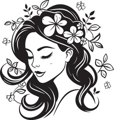 Woman’s Profile with Floral Touches Vector Black Design Feminine Silhouette Framed by Flowers Black Vector Logo