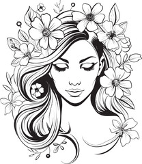 Elegant Woman Face with Flower Highlights Black Logo Artistic Feminine Face Surrounded by Petals Vector Icon