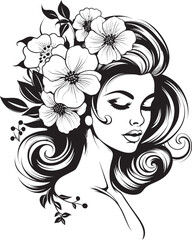 Feminine Silhouette with Floral Touches Black Vector Icon Woman’s Face and Artistic Blooms Vector Black Design