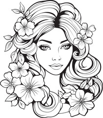 Woman’s Face and Artistic Blooms Vector Black Design Botanical Adorned Feminine Face Black Vector Logo