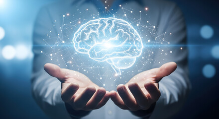 Digital Brain Floating Above Open Hands Depicts Technology and Innovation on Dark Blue Background