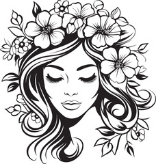 Woman’s Face and Artistic Petal Garland Vector Black Logo Feminine Silhouette with Flowered Frame Black Vector Icon