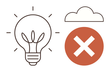 Light bulb icon for creativity, cloud for abstraction, and red cross for error. Ideal for innovation, problem-solving, mistake prevention, negativity, brainstorming, concept generation and learning