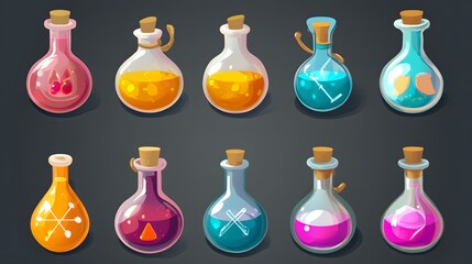 Digital illustration showcases multiple cartoon-style bottles filled with vibrant, glowing liquids and cork stoppers.